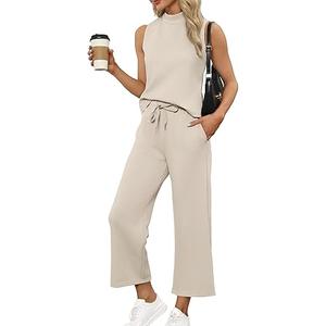Sampeel Two Piece Set for Women Summer Outfits Vacation Trendy Lounge Sets Mock Neck Matching Sets Women Clothing Wide Leg Crop Pants Set Travel Airport Sweat Set Beige M