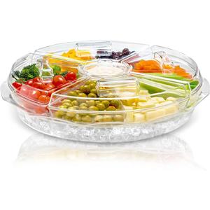 Chef's Star 16 Inch Clear Extra Large Acrylic Appetizer Serving Tray, 8 Compartment Vegetable Tray with Lid, Cocktail Serving Dish, Large Iced Food Platter for Lunch, Dinner, Picnics Parties