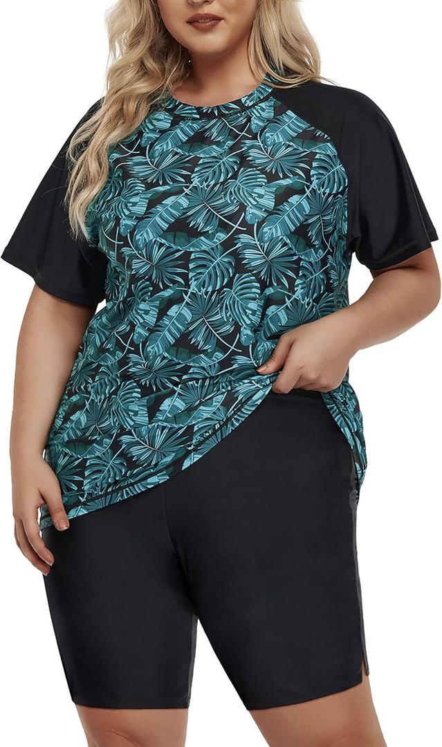 Inno Women's Plus Size 2 Piece Rash Guard Swimsuits Short Sleeve with Boyshorts UPF 50+ Surfing Swimwear 1X 2X 3X 4X 5X 6X (5X)