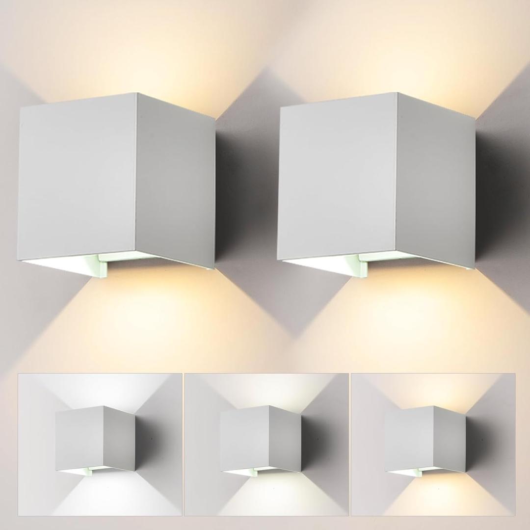 2 Pack LED Outdoor Wall Sconces Exterior/Interior,Modern Square Aluminum Wall Light Fixture ,Variable Beam IP65 Waterproof Lights.15W 3-Color-Changeable Up and Down Outdoor Lighting FixturesWhite