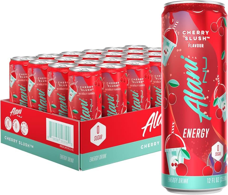 Alani Nu CHERRY SLUSH, Sugar Free, Low Calorie Energy Drinks, 200mg Caffeine, Biotin, B Vitamins, Zero Sugar, 10 Calories, 12 Fl Oz Cans, 24 Pack, BB 07/2027