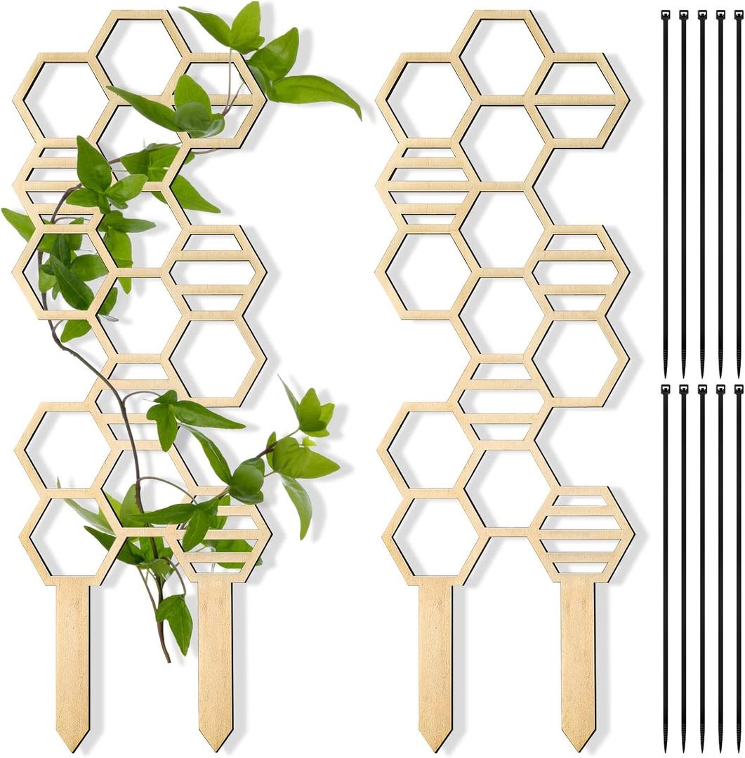 2 Pcs Indoor Plant Trellis for Climbing Plants, 16" Wooden Small Trellis Hexagon Potted Plant Trellis with 10 Pcs Black Cable Ties for Vine Flower Stem Support Accessories(Honeycomb)