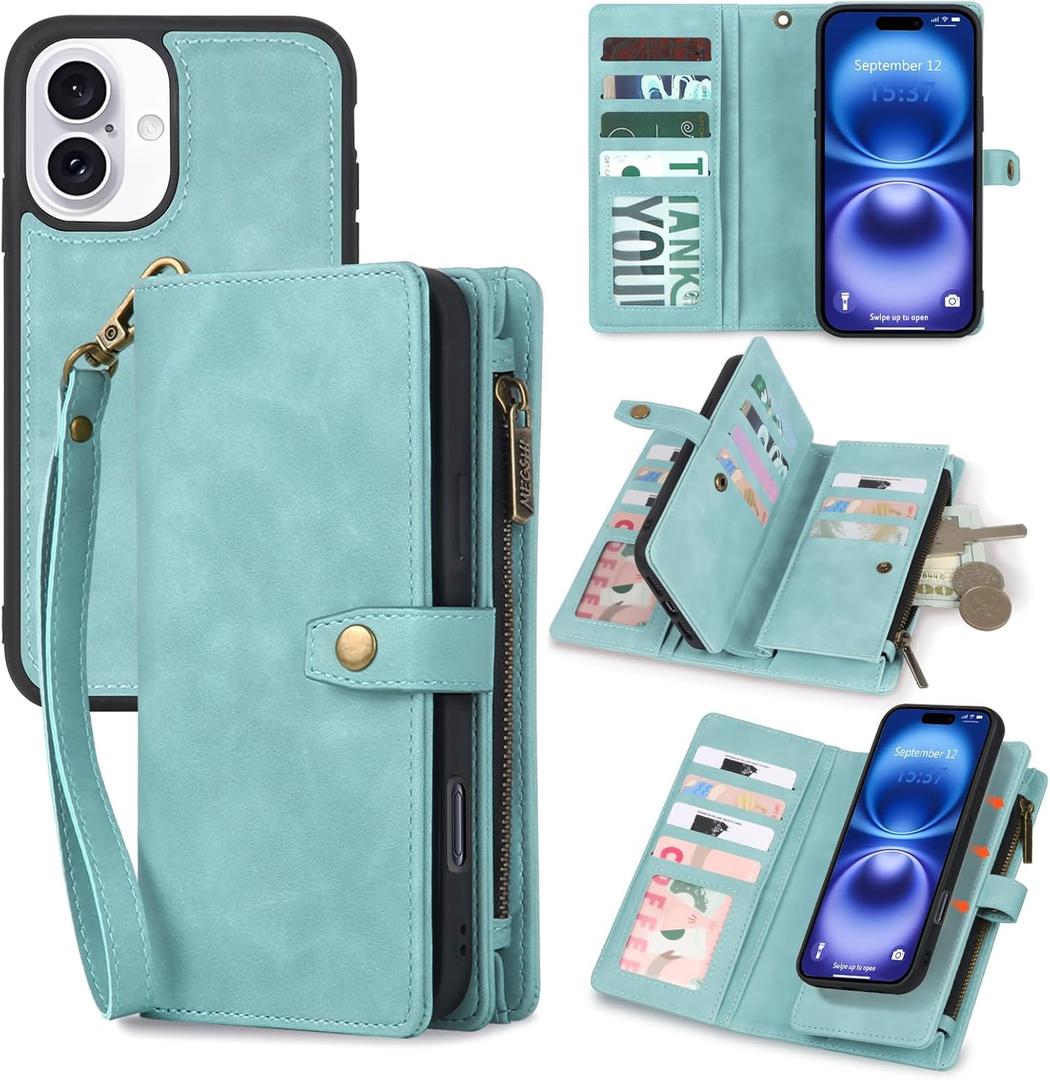 TwoHead Wallet Case Compatible with iPhone 16,Detachable Magnetic Phone Case,PU Leather All-Round Protective Case Wallet with Card Holder/Change Pocket,6.1 in,Blue