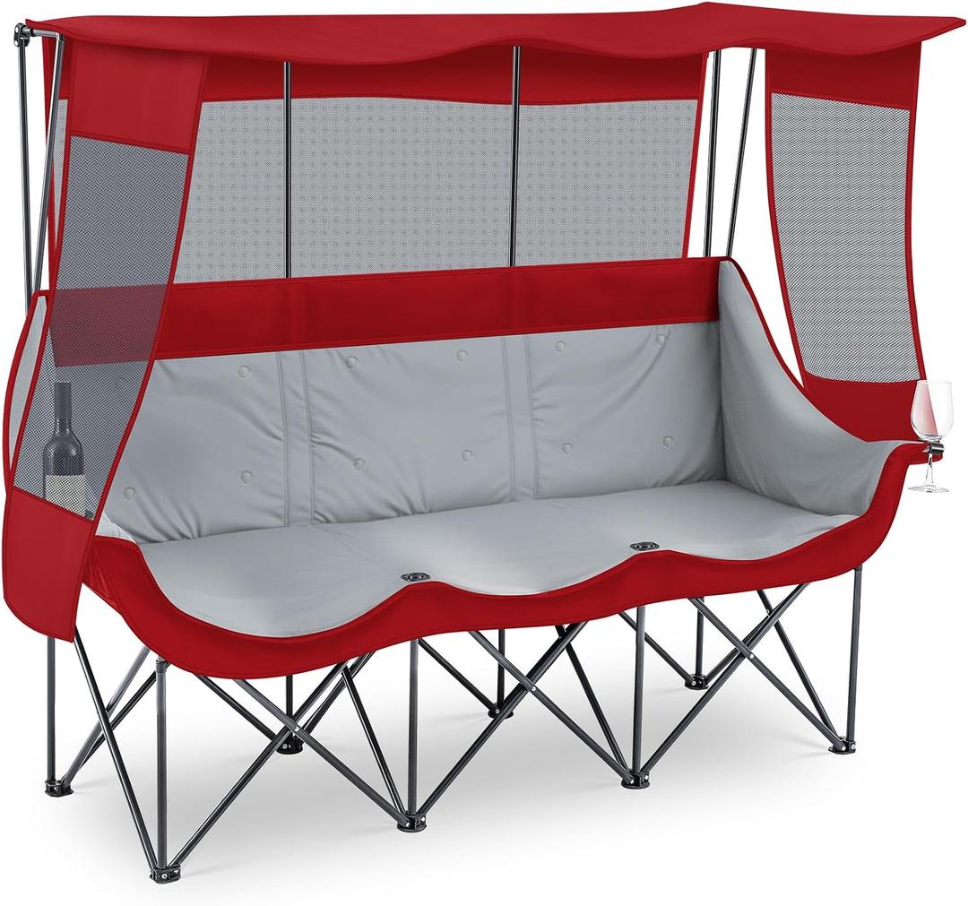 Teenyyou 3 Person Camping Chair with Canopy Shade 700lbs Heavy Duty Oversized Beach Camping Chair with Thick Cushion Cup Holder and Carry Bag, Foldable Portable Sofa for Lawn Beach Outdoor(Dark Red), 67 inches x 20 inches x 13.78 inches