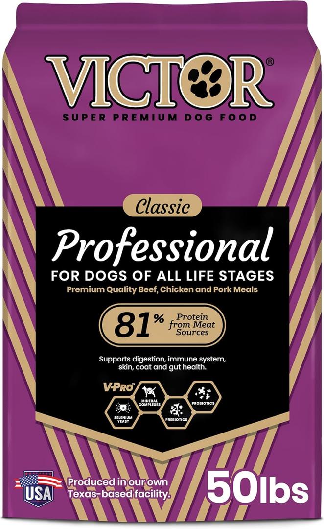 VICTOR Super Premium Dog Food  Professional Dry Dog Food  Super Premium Kibble with 26% Protein  Gluten-Free with Beef, Chicken & Pork Meals  for High Energy and Active Dogs & Puppies, 50lbs (50 Pound (Pack of 1))