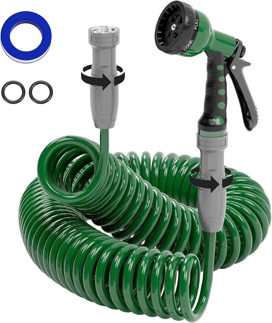 SPECILITE 3/8" Lightweight Coil Garden Hose 50 FT, EVA Flexible Curly Water Pipes with 6-Pattern Spray Nozzle for Boat, Greenhouse, Yard, Patio, Green