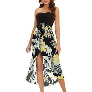 Women's Beach Dress Summer Maxi Sundress Strapless Hawaiian Cover Ups Asymmetrical Wrap Dresses (Black Yellow Flowers)