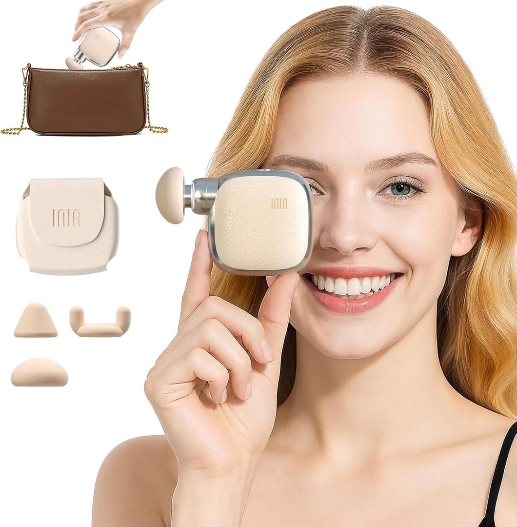 INIA PocketForce Mini Massage Gun - 75% Smaller, High-Power Percussion for Full Body Relief, Portable Deep Tissue Massager Gun with Leather Case & 3 Heads for Travel & Office Use, Gifts for Men Women