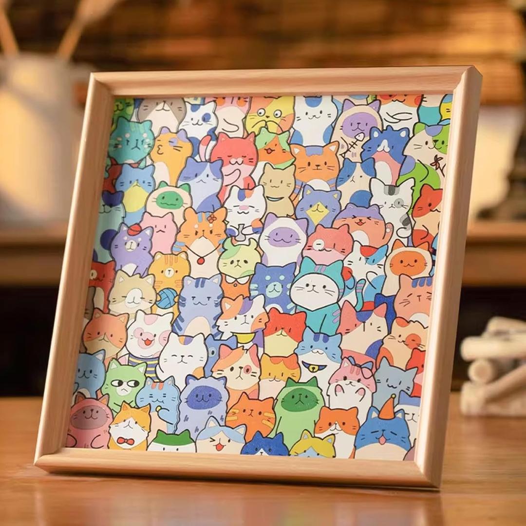 DIY Wooden Cat Puzzle Frame, Little Kitties - Wooden Coloring Puzzle, Hand-Painted Cat & Kitten Coloring Frame, Includes Marker Pens, Stress-Relieving, Creative Activity