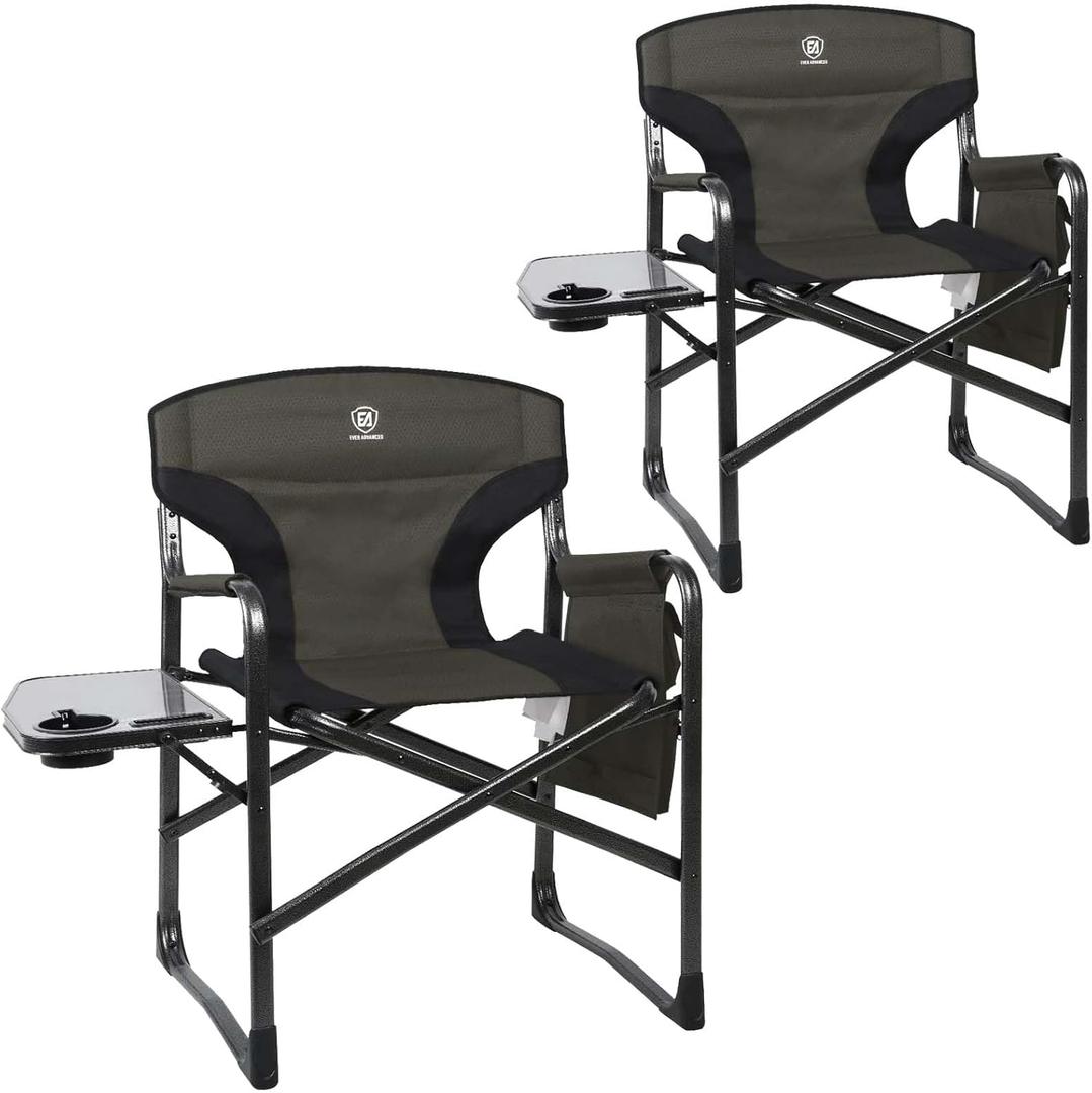 EVER ADVANCED Aluminum Lightweight Folding Director Chair, 350lbs Heavy Duty Camping Chair with Side Table & Storage, 19" Joint-Friendly Height Easy to Stand, Portable Makeup Artist & Vendor Chair (Dark Green)