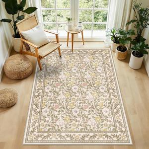 Floral Entryway Rug 3x5 Machine Washable Small Boho Area Rug Non Slip Vintage Low Pile for Living Room Bedroom, Kids Playroom, Beige/Multi