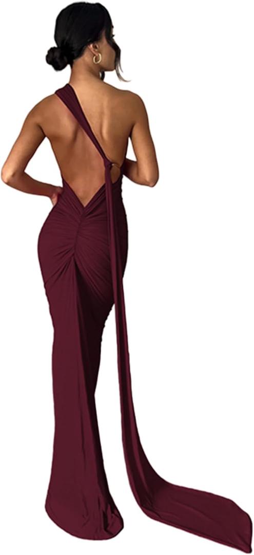 Women's Sexy One Shoulder Backless Maxi Dress Elegant Ruched O Ring Sleeveless Evening Dress Long Gown Cocktail Dress (Large, Wine Red)