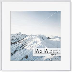 Acovy 16x16 Square Picture Frame, 16x16 Frame Matted to 12x12, Metal 16 x 16 Photo Frame for Wall Display,High Definition Tempered Glass, Wall Hook Included (Silver, Pack of 1), 16"x16"-1P Real Glass