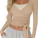 Women Wrap Tie Tops Lightweight Slim Fit Ballet Pilates Yoga Workout Active Shirts Long Sleeve V Neck Casual Tees (Large, Khaki)