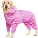 BRKURLEG Dog Raincoat, 4 Legs Dog Rain Jacket for Large Dogs Boy Girl, Pet Waterproof Rainproof Jacket with Leash Hole Reflective Pet Poncho, Lightweight Waterproof Jackets, Pink XXXL