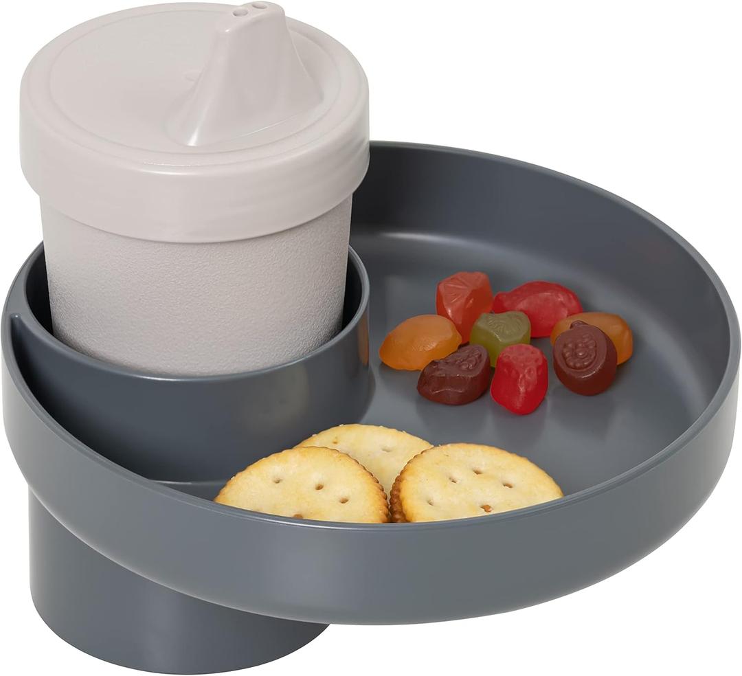 Travel Tray Round, USA Made Cup Holder Tray and Cup Holder Adapter for Car Seat, Booster, Stroller, Golf Cart, Gray
