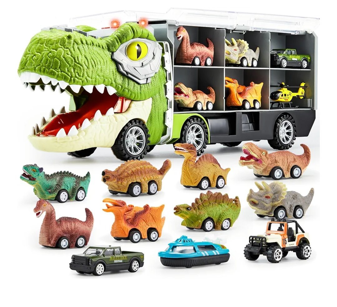 JOYIN 13 in 1 Dinosaur Toys for Kids 3-5, Dinosaur Truck with 12 Pull Back Cars, Small Cars Set, Birthday Gifts Toys for 3 4 5+ Year Old Boy, Transport Carrier Truck for Toddlers 3-4 Years