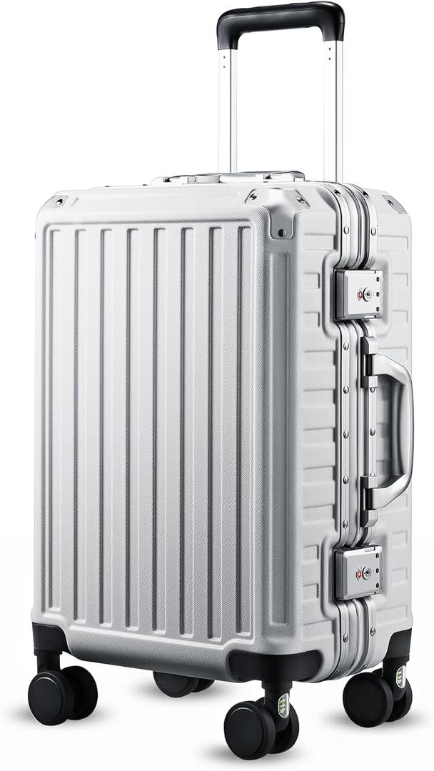 Carry On Luggage with Spinner Wheels, 8010S Aluminum Frame Zipperless Polycarbonate Hard Shell Suitcase (ZX-Core, Silver, 20 Inch)