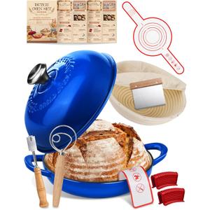 Dutch Oven Bread Baking Pot with Lid 6QT Enameled Cast Iron Oven, Gradient Blue Design & Complete Sourdough Kit (Banneton Basket, Dough Tools, Silicone Sling) for Artisan Bread Making