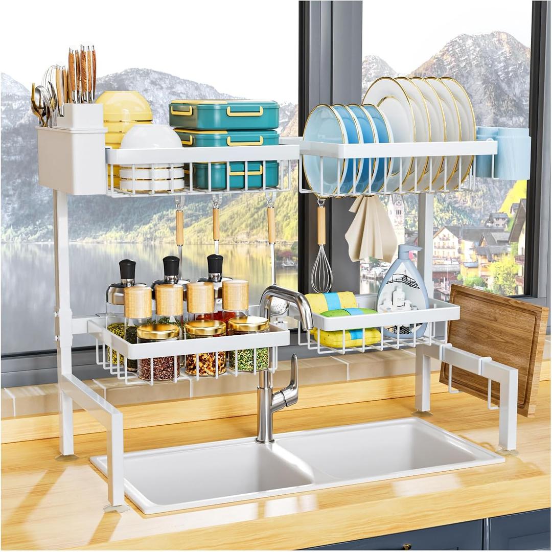 YKLSLH Over Sink Dish Drying Rack, Expandable Large Drying Rack, Suitable for Most Sinks (24.8"-35.4"), Adjustable Metal Rack, Space Saving, White (2 tiers 4 baskets)