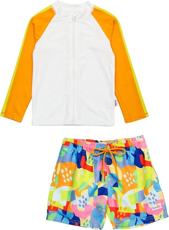 SwimZip Boys' Long Sleeve Rash Guard & Swim Shorts Set - UPF 50+ Sun Protection (18-24 Months, Joyful)