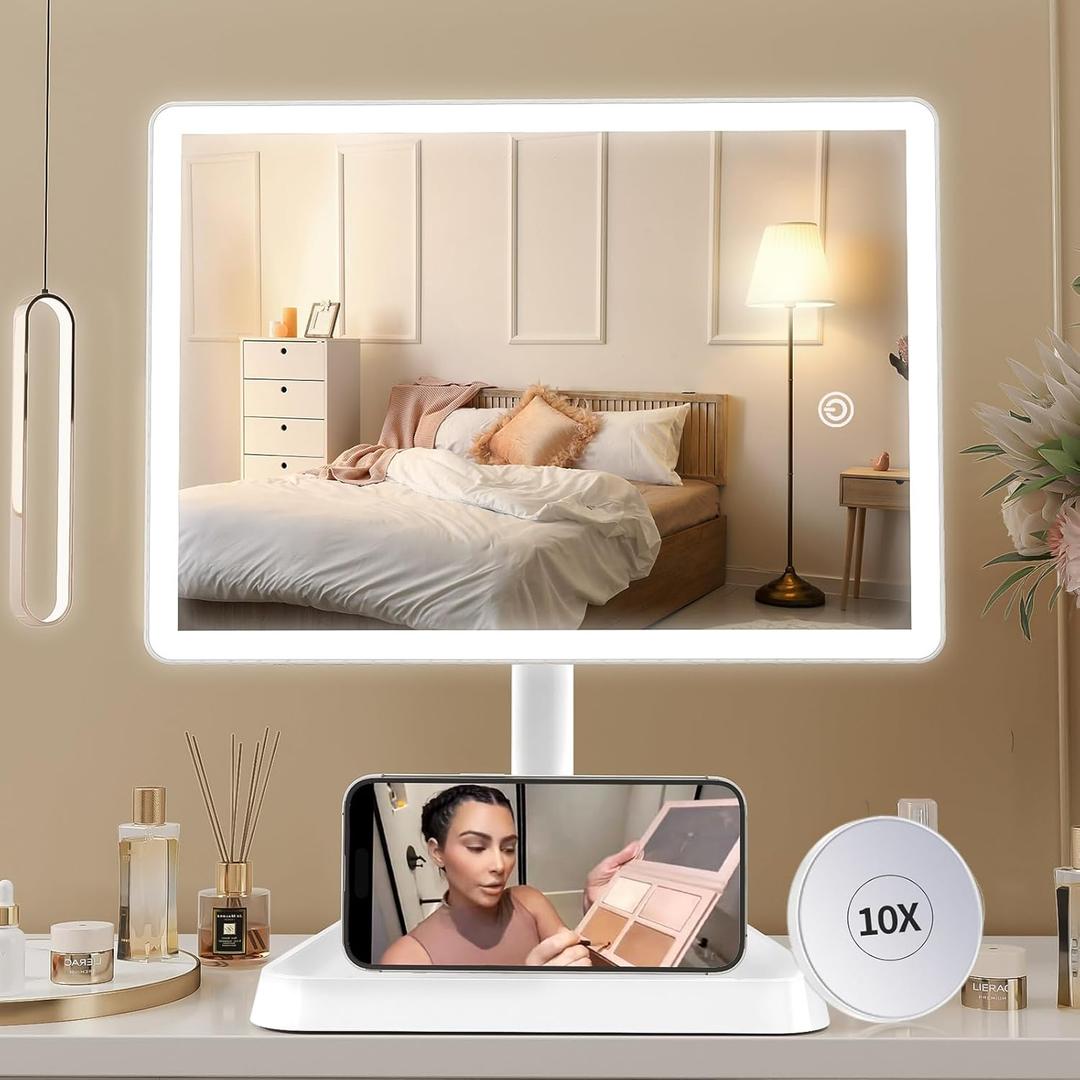 FUNTOUCH Rechargeable Makeup Vanity Mirror with Lights, Large Lighted Desk Makeup Mirror with 96 LED Lights and 10x Magnifying Mirror, 3 Color Lighting, Light up Make up Mirror with Phone Holder (11"lx7.8"w-white-l)