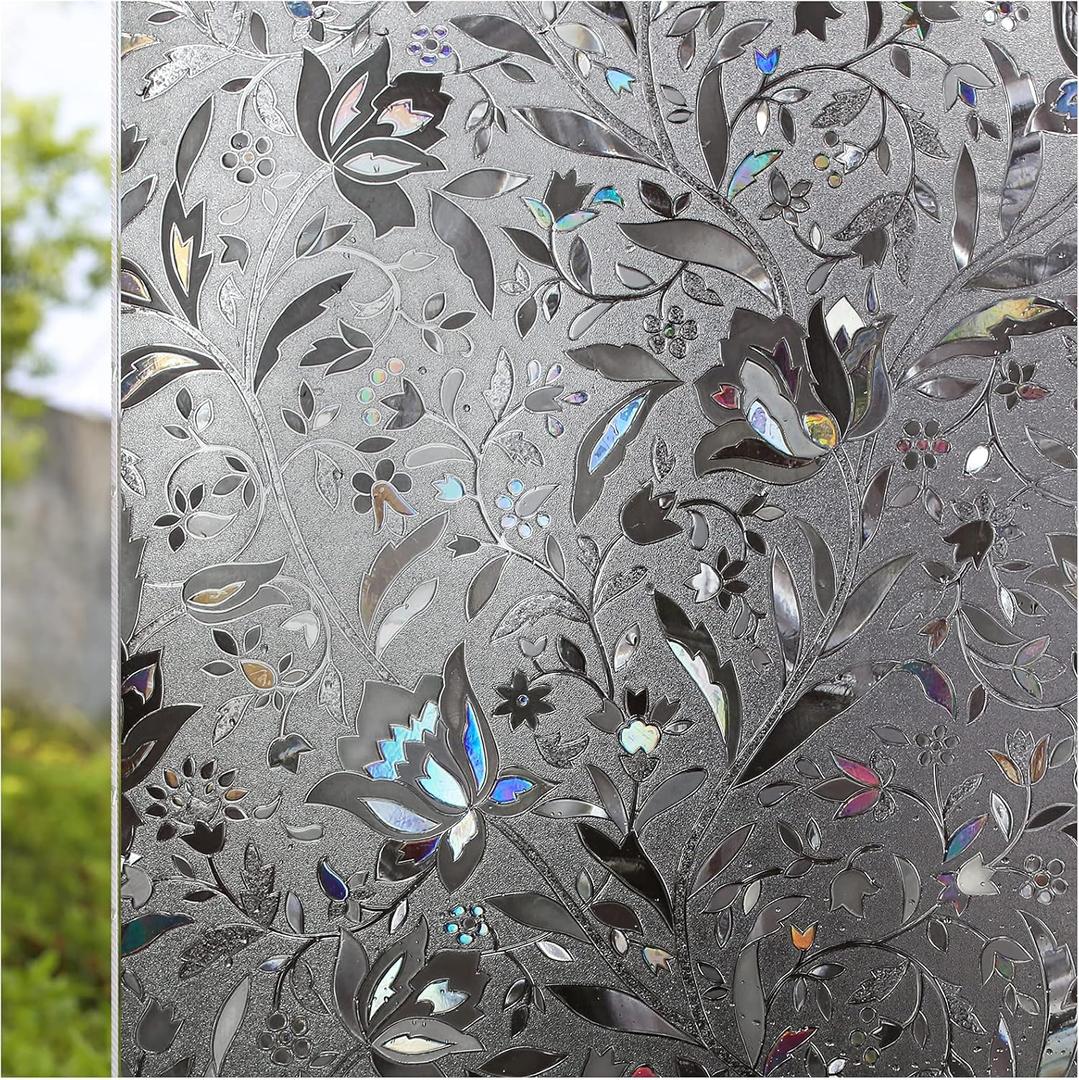 CottonColors Window Privacy Film 35"x78", 3D Rainbow Window Film Decorative Window Film Heat Blocking Static Cling Non-Adhesive Window Clings for Glass (Flower Pattern - Dark Brown)