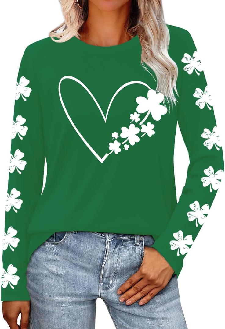 St Patricks Day Shirt Women Lucky Shamrock T-Shirt Saint Patricks Day Long Sleeves (Green, XL)