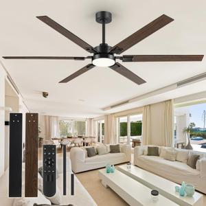 72 Inch Ceiling Fan with Light and Remote, Large Industrial Farmhouse Fan for High Ceiling, 6 Reversible Blades DC Motor, 3-Color LED Lights, 6-Speed Quiet for Garage Shop Patio -Black/Walnut