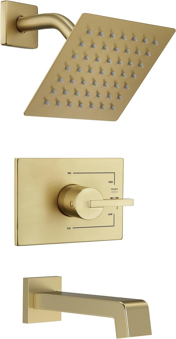 SOOOHOT Brushed Gold Shower Fixtues, Tub and Shower Faucet Set Combo with 6 Inch Gold Shower Head and Tub Spout, Gold Shower Head and Handle Set (Valve Included)