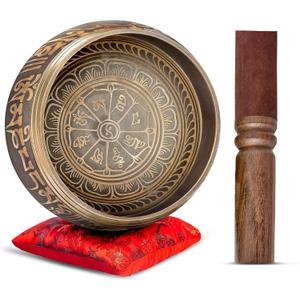 Premium Tibetan Singing Bowl Set Handmade in Nepal Sound & Meditation Bowl Spiritual Decor for Yoga, Wellness Spaces & Relaxation by Himalayan Bazaar (Brown & Red)
