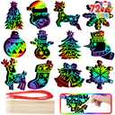 JOYIN 72 Pcs Christmas Scratch Art Ornaments, Scratch Paper Craft Kit Include Snowman, Snowflakes, Christmas Tree, and Reindeer, Rainbow Color Scratch Off Hanging Ornament for Kids Party Favors