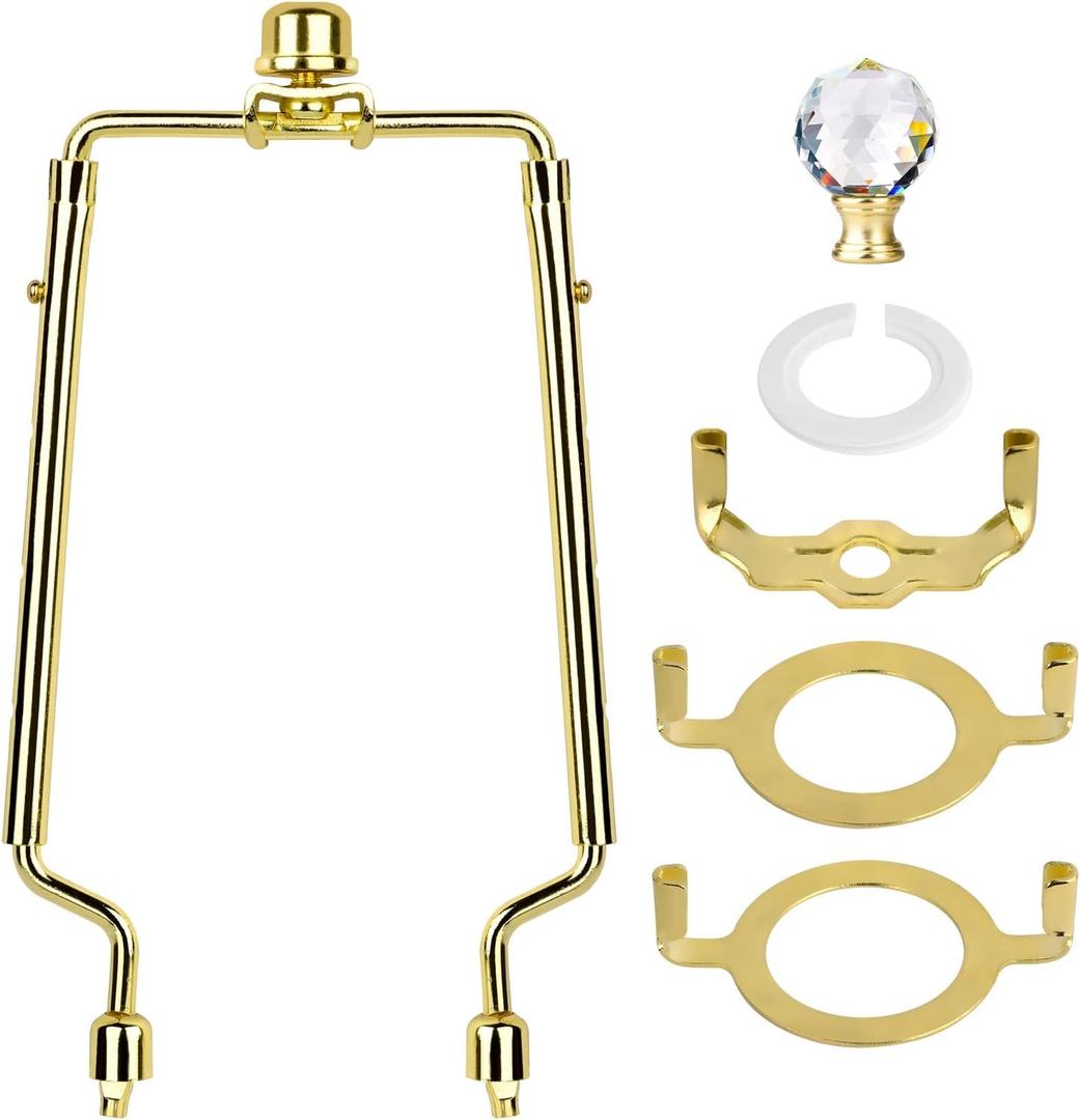 WEAVERBIRD Lamp Shade Harp Bracket 7 8 9 10 inch Adjustable Lamp Harp Kit with 3/8 Standard Saddle,E14 E26 E27 Light Base UNO Fitter Adapter Converter Finial Set and Crystal Lamp Finial Knob,Gold