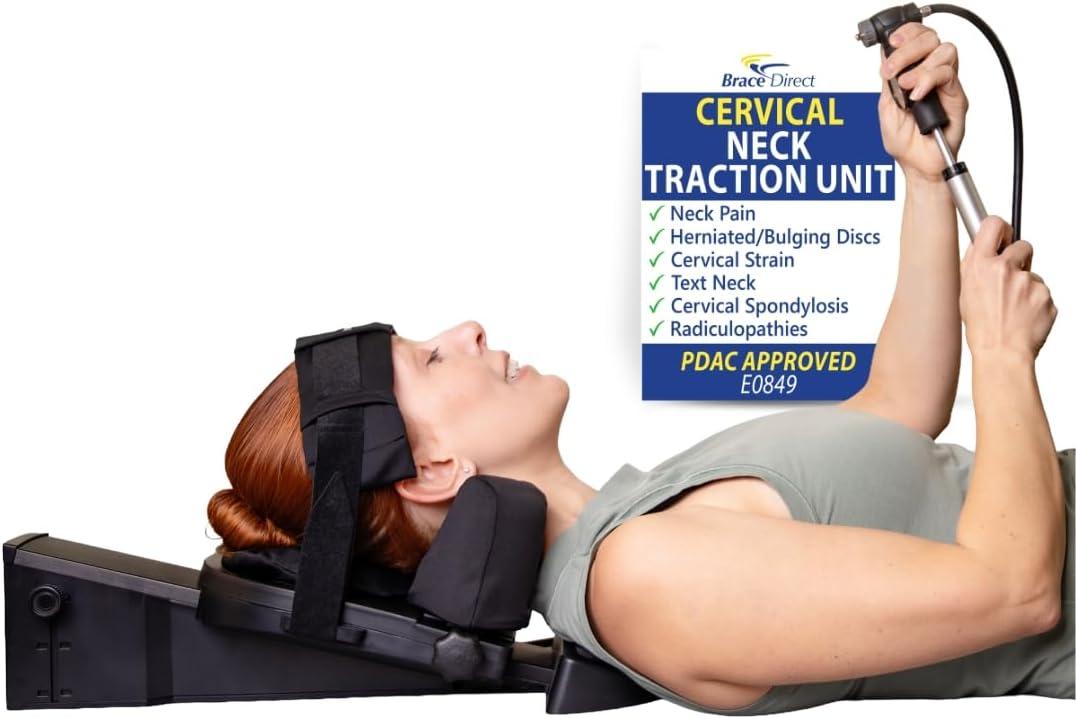 Brace Direct Cervical Traction Device - Spinal Decompression & Neck Pain Relief, Herniated Disc & Spondylosis Support with Hot Cold Therapy - E0849 (Portable - Adjustable Traction up to 40 lbs)