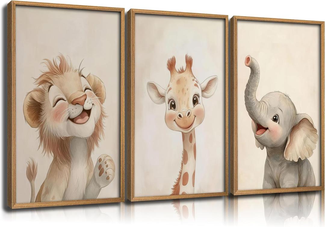Safari Animals Nursery Wall Art Woodland Animals Nursery Wall Decor Cute Giraffe Elephant Lion Picture Painting Tropical Savanna Poster Print Artwork for Baby Room Boy Room Kids Room Decoration, 24"L x 16"W