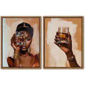 African American Women Canvas Wall Art Abstract Black Girl Wall Decor Afro Girl Wine Whisky Canvas Prints Set of 2 Modern Aesthetic Pictures Decor for Living Room Bedroom Bar, 12x16 Inch Unframed 2Pcs