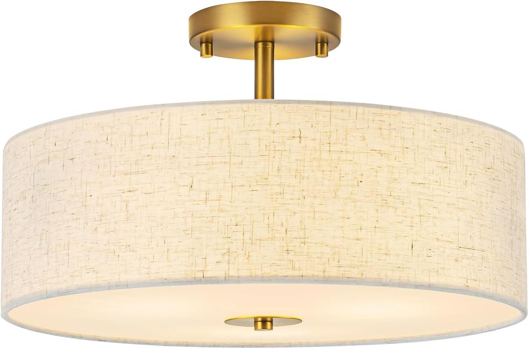 Bargeni Semi Flush Mount Ceiling Light Fixture,16 inch Drum Flush Mount Ceiling Light, Modern Light Fixtures Ceiling Mount with Matte Brass Finish, Semi Flush Ceiling Light for Bedroom,Dining Room