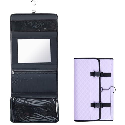 Sunnymove Travel Hanging Toiletry Bag with Mirror Leather Travel Hanging Mirror Foldable Dance Competition Makeup Bag Backstage Cosmetic Organizer for Traveling Dancers Spa(Classic,Purple)