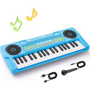Upgraded 37 Keys Kids Piano Keyboard Portable Toddler Music Toy Keyboard with Microphone Musical Instrument Birthday Gift for 3 4 5 6 Boys Girls, Blue
