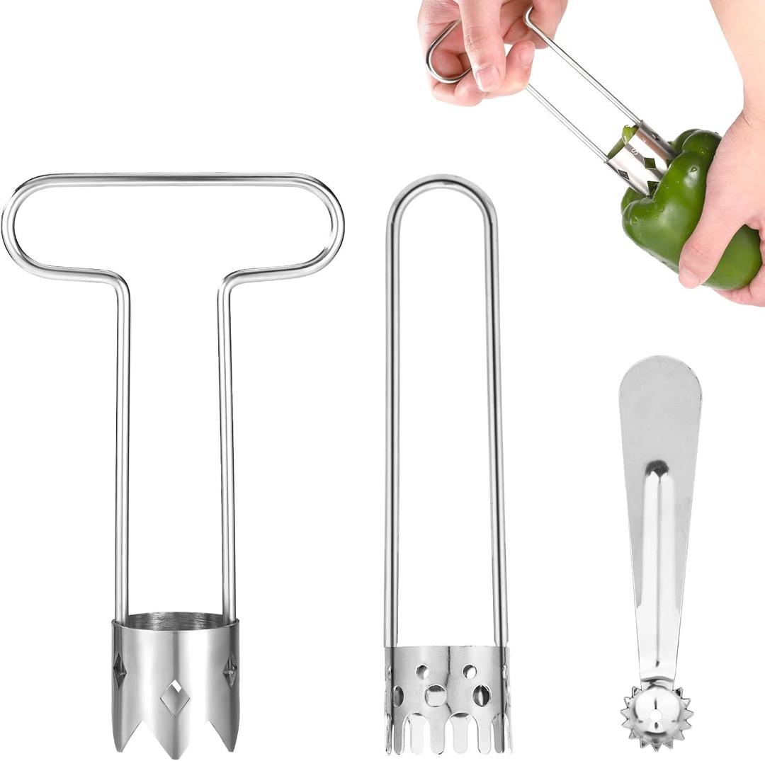 3pcs Red Bell Pepper Corers & Stem Remover Tool, T- Shaped & Hole Stainless Steel Fruit Vegetable Apple Tomato Kitchen Gadgets Set Durable Easy to Use and Clean (Silver)