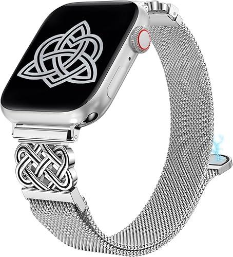 Stainless Steel Magnetic Loop Compatible with Apple Watch Band 41/40/38/49/46/45/44/42mm Women Mesh Celtic Knot Dressy Strap for iWatch Series 11/10/9/8/7/6/5/4/3/2/1/SE & Ultra(1/2/3), Silver/Black