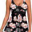 Aleumdr Women Printed Two Piece Tankini Swimsuits Tummy Control Swim Dress High Waisted Boyshort with Pockets Medium