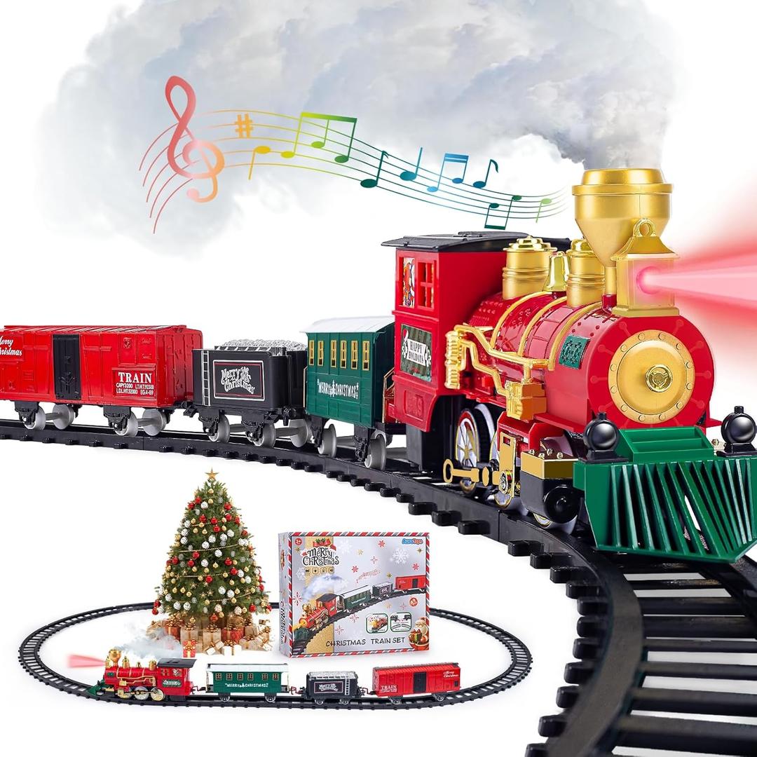 Kids Train Set, Christmas Train Set for Under The Trees, Electric Train Toys for Boys Girls with Steam Locomotive, Passenger Cars, Cargo Cars, Sounds & Lights, for 3-8 Years 