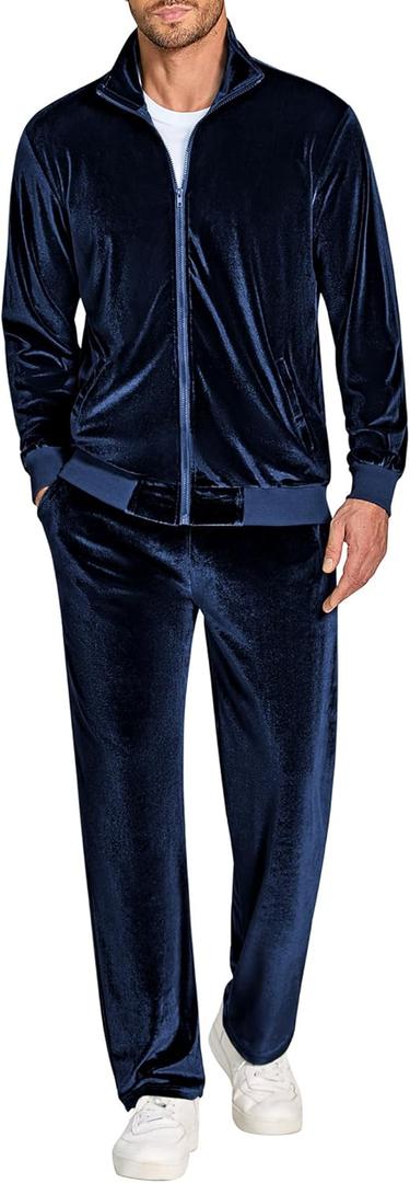 COOFANDY Mens 2 Piece Velour Tracksuit Full Zip Jackets Pants Velvet Jogging Suits Sweatsuit Set (Large, Dark Blue)
