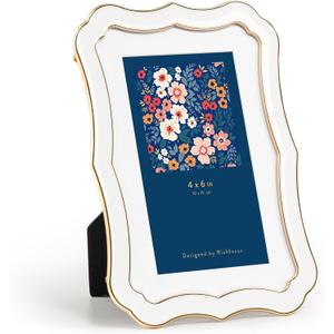 4x6 Enamel Picture Frame with HD-Tempered Glass, Display 3x5 Photo with Mat, Ornate Photo Frame with Gold Metal Edge & Velvet Back for Tabletop & Wall Mount Vertically or Horizontally Display, White