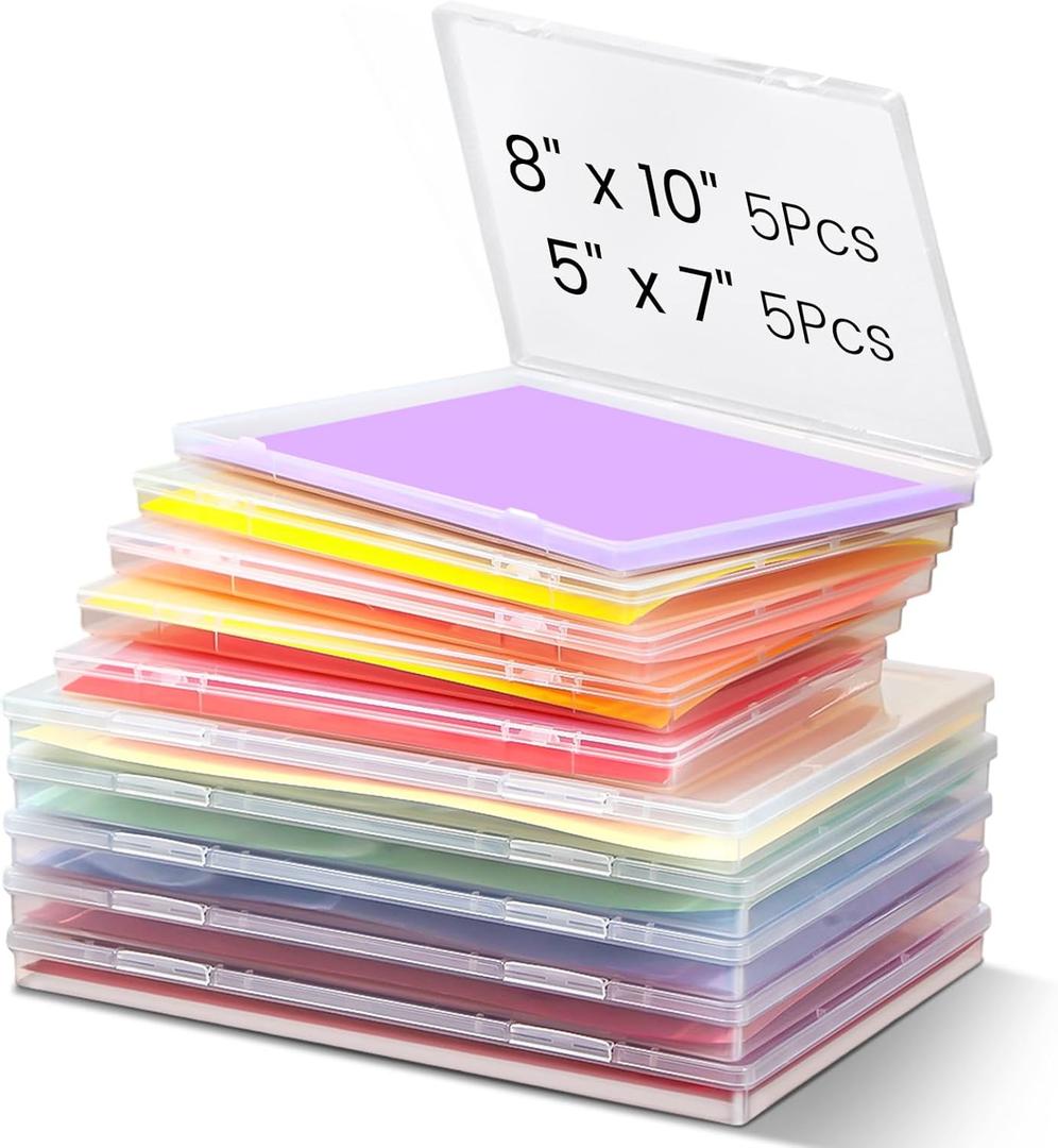 Leinuosen 10 Pack Photo Storage Box Set 5 Pcs 8 x10 and 5 Pcs 5 x7 Plastic Photo Organizer with Snap Tight Latch Large Picture Container for Postcard Scrapbook Paper Crafts Office Document Supplies