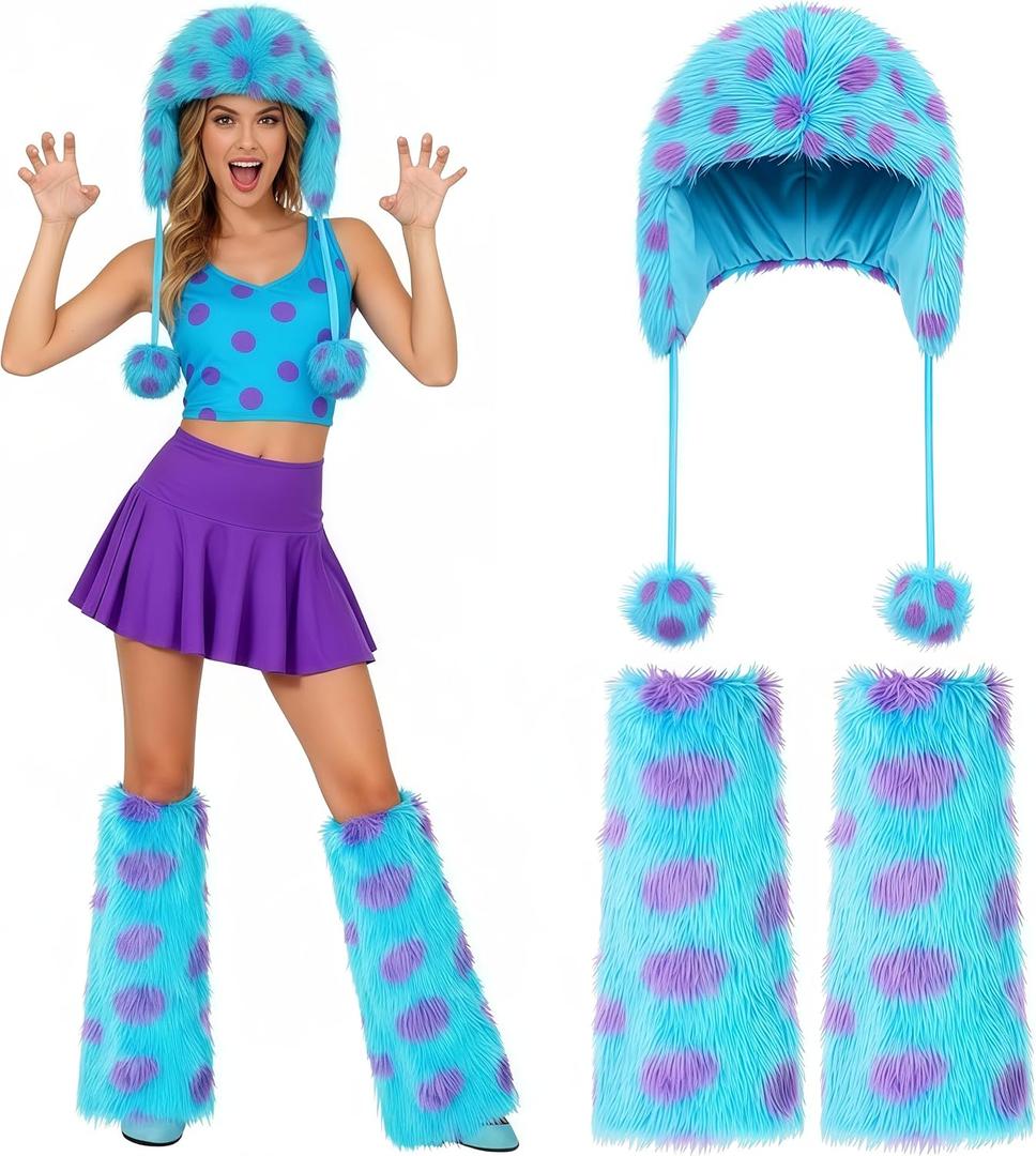 Shihanee 2 Pcs Winter Furry Costume Accessories, Womens Furry Leg Warmers Faux Fur Hat for Warm Thanksgiving Christmas Party (Adult Size, Blue and Purple)
