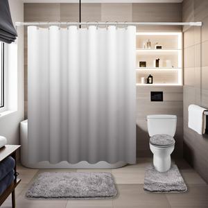 4 Pcs Gray Shower Curtain Sets with Rugs Solid Bathroom Sets with Shower Curtain and Rugs and Adjustable Toilet Lid Cover for Luxury Bathroom Decor