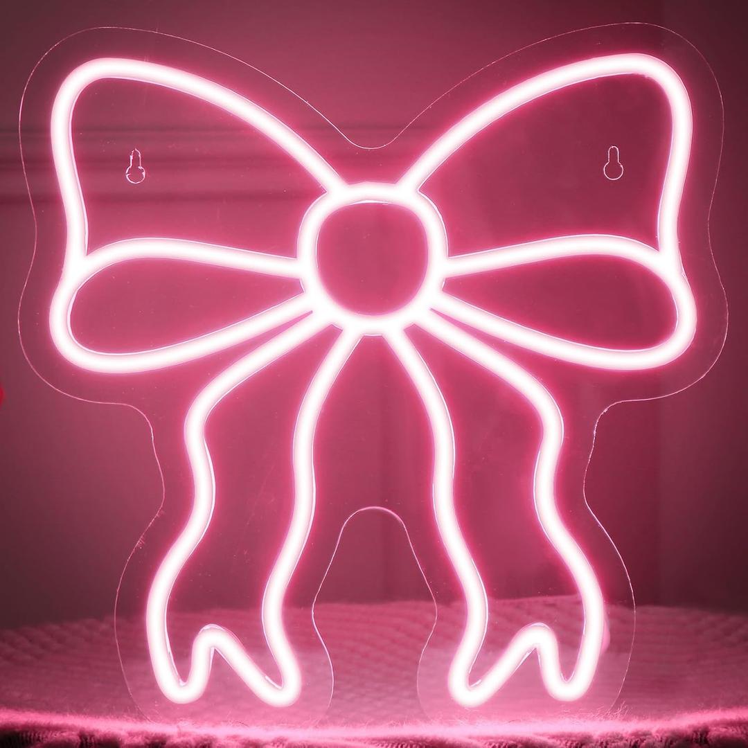 Retisee Pink Bow LED Neon Sign Bedroom Women Room Neon Light Sign Coquette Aesthetic Home Wall Preppy Dorm Beauty Room Salon Decor Party Bar Decoration Gift for Her 11.8x11.8in