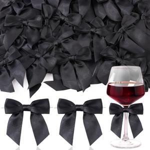 60PCS Tinkrstuff Black Bows for Crafts, 3" Satin Ribbon Bow for Clothes Ornament, Fabric Bows for Party Decor, Cute Christmas Tree Bows &Thanksgiving Gifts Wrapping Treats Balloons (with Twist Tie)